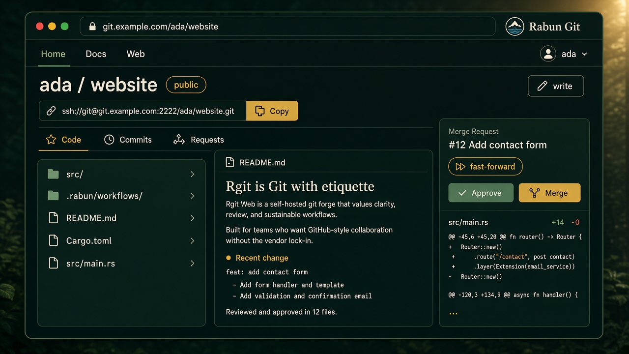 Simulated Rgit Web: ada/website with a file tree, README, clone URL, and a fast-forward merge request.